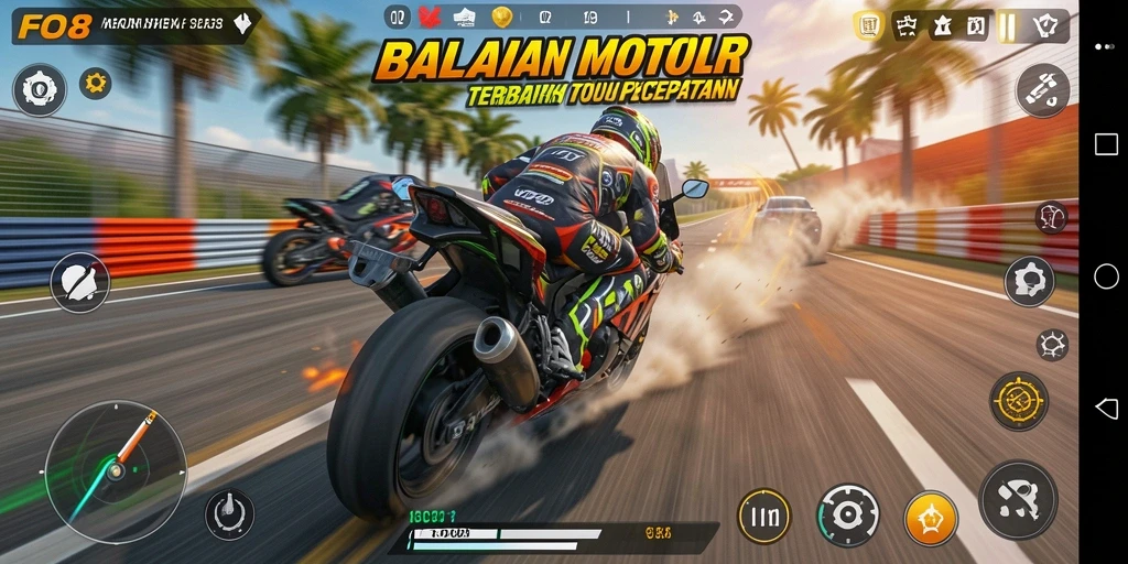 Tampilan gameplay mendebarkan dari FO8 saat balapan motor.