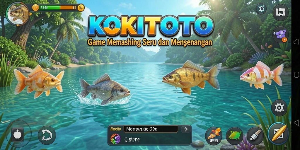 Screenshot gameplay KOKITOTO menampilkan momen memancing yang mendebarkan.