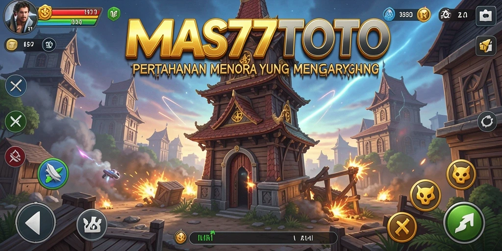 Tangkapan layar gameplay <strong>MAS77TOTO</strong> menampilkan pertarungan menara yang epik.