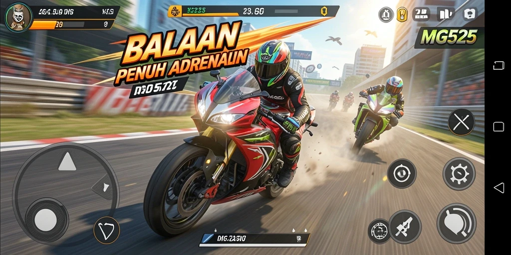 Tampilan gameplay MG525 dengan motor balap yang mendebarkan di trek.