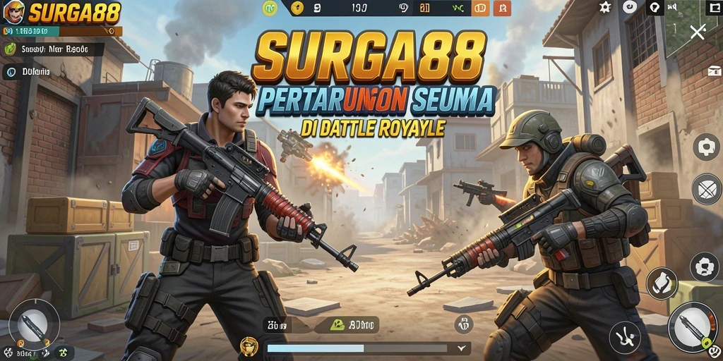 Screenshot gameplay SURGA88 menampilkan aksi pertarungan Battle Royale yang intens.