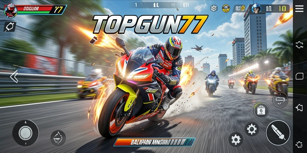 Gameplay seru dengan balapan motor cepat dalam TOPGUN77.